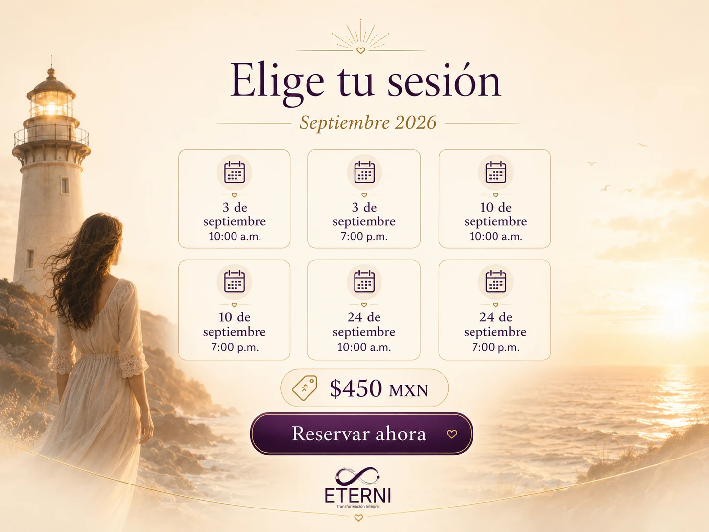 Fechas disponibles: 3, 10 y 24 de septiembre de 2026, a las 10:00 a.m. y 7:00 p.m.