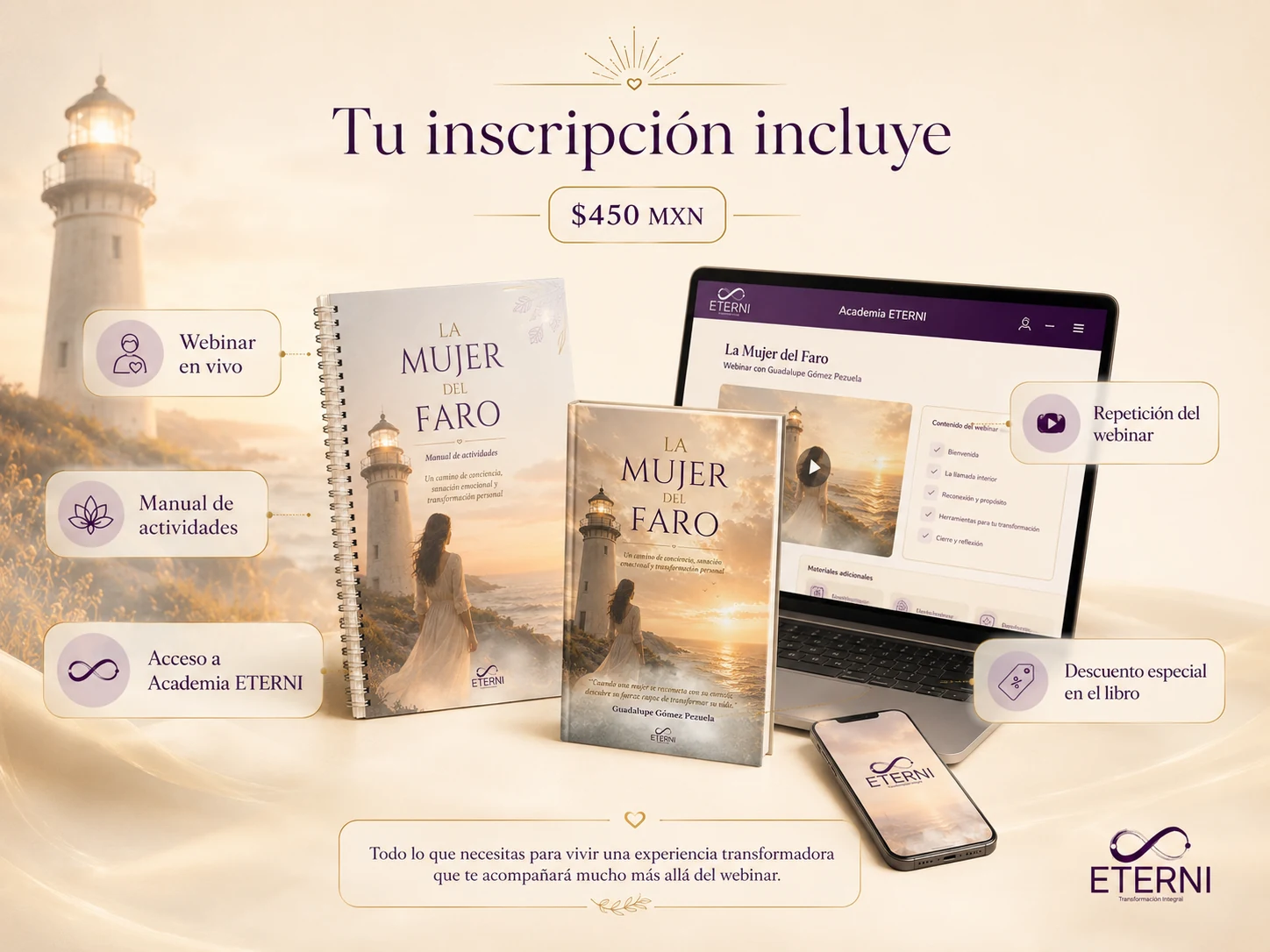 La inscripción incluye webinar en vivo, manual de actividades, acceso a Academia ETERNI, repetición y descuento especial en el libro